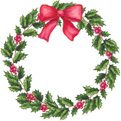 Round Wreath with Watercolor Holly and Bow