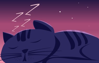 Striped cute cat sleeping on a background of the starry sky, children`s drawing.
