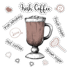 Simple recipe for an alcoholic cocktail Irish Coffee. Vector illustration of a sketch style.