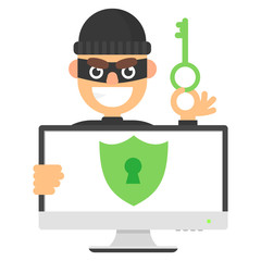 Padlock on screen computer and attacker hacker with key