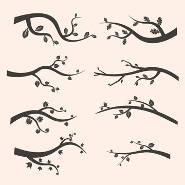 Stylized black tree branch silhouettes with leaves. Set of branch tree Vector Illustration EPS