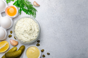 White sauce tartar tartare with ingredients pickles, capers, dil