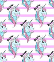 Fototapeta na wymiar Colorful unicorn heads on pink striped background