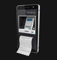 3d illustration of Mobile online banking and payment concept. Smart phone as ATM isolated on black background