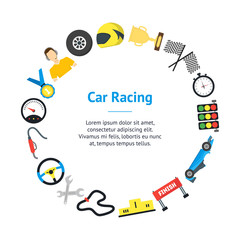 Cartoon Car Racing Banner Card Circle. Vector