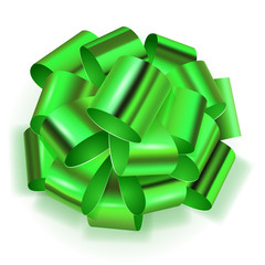 Beautiful big bow made of green shiny ribbon with shadow on white background