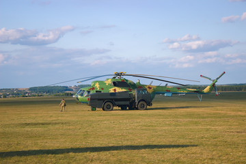 Fototapeta premium Old Soviet helicopter at blue sky