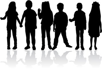 Vector silhouette of children on white background.