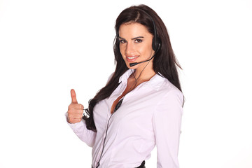 Young woman with headphones. Secretary.