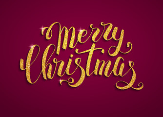 Calligraphic Lettering, text Merry Christmas with golden texture on red background. Vector illustration - 183398464
