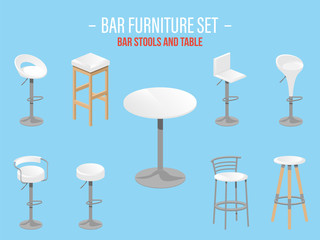 Set of bar stools and table. Bar high chair. Bar furniture set. Vector illustration
