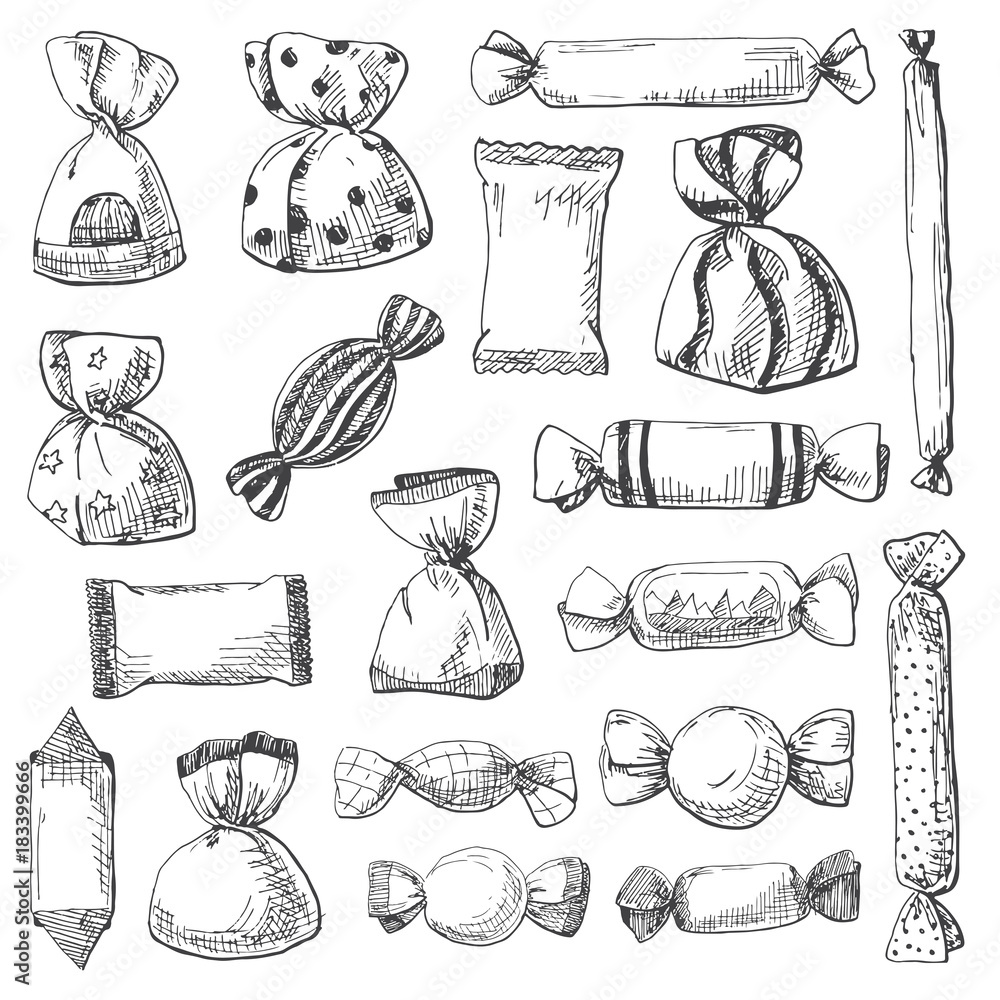Poster hand drawn a large set of different sweets in a wrapper. vector illustration of a sketch style.