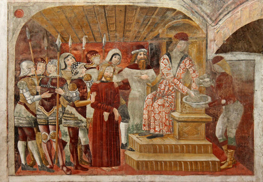 Ges&ugrave; davanti a Pilato; ciclo affrescato della Passione nella chiesa di Santa Maria in Bressanoro, presso Castelleone (Cremona)