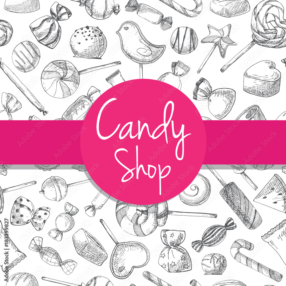 Poster hand drawn a seamless pattern with different sweets. vector illustration of a sketch style. seamless