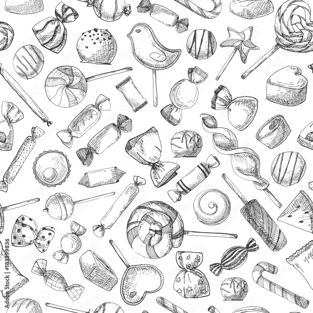 Poster hand drawn a seamless pattern with different sweets. vector illustration of a sketch style.