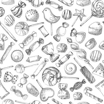 Hand drawn a seamless pattern with different sweets. Vector illustration of a sketch style.