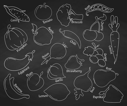 Set of linear icons. Vegetables and fruits on the chalkboard. Vector illustration.