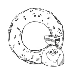 Hand drawn donut and candy in the cartoon style. Vector illustration of a sketch style.
