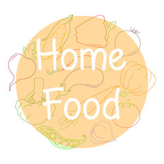 Different vegetables and a pot. Vector illustration in a linear style. The inscription is home food.