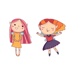 Two fairy girls with little wings. Cartoon fantasy characters with colorful hair and bright clothes. Hand drawn vector design for children s book, postcard or print