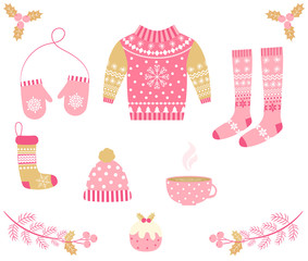 Cute vector set with warm winter clothes in pink and gold colors for greeting cards, invitations and holiday designs