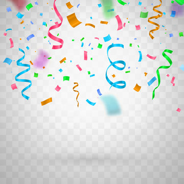 Colorful funny flying confetti on transparent background . Template for celebration vector illustration
