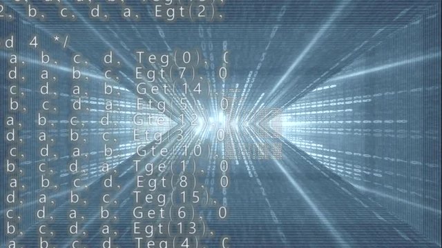 A 3d cyberspace corridor with walls made of random blue numbers falling down, and source code screens moving towards the viewer.
