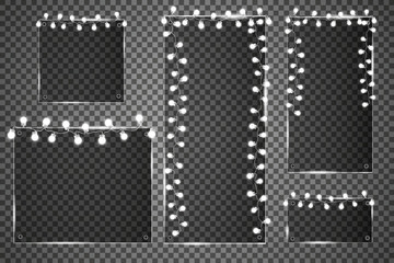 Glass plates set. Vector glass banners on transparent background.
