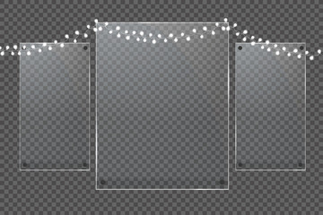 Glass plates set. Vector glass banners on transparent background.
