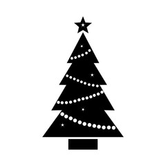 Christmas tree icon with star and garland. Black and white silhouette. Vector illustration