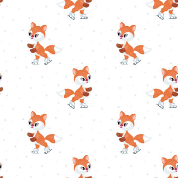 Christmas seamless pattern with the image of the little cute fox. Vector background.
