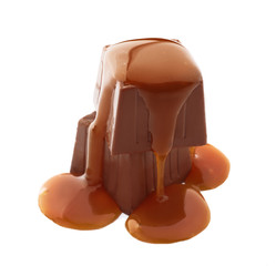 Tasty chocolate candies with caramel sauce, isolated on white