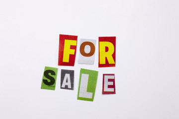 A word writing text showing concept of for sale made of different magazine newspaper letter for Business case on the white background with copy space