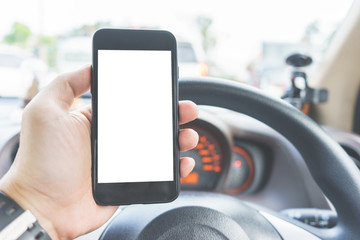 Hand on smartphone Blank Screen on Blur background