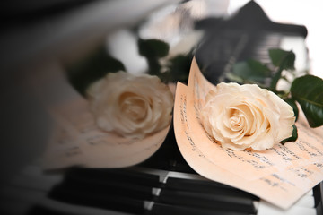 White rose and musical sheets on piano keys