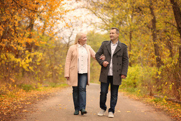 Fototapeta premium Mature couple walking in park on autumn day