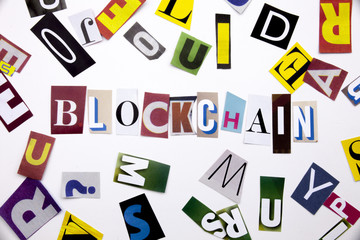 A word writing text showing concept of BLOCKCHAIN made of different magazine newspaper letter for Business case on the white background with copy space