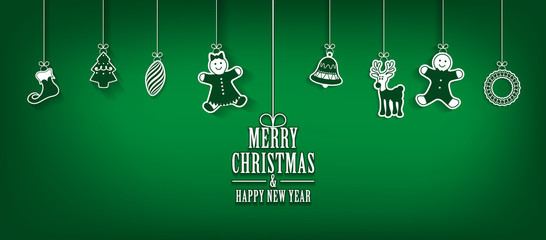 Marry Christmas and Happy New Year greeting card with hanging Christmas elements Vector background