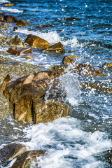 Scenic water splash and a rock in ocean