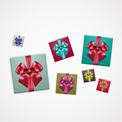 Gift boxes Vector illustration Many colorful gift boxes with ribbons are lying on a white background Modern realistic style Top view