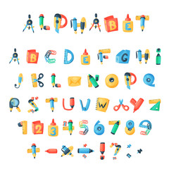 Alphabet stationery letters vector abc font alphabetic icons of office supply and school tools accessories for education pencil or pen alphabetically isolated on white background illustration