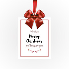 Merry Christmas card Vector template for banner, greeting card, poster The calligraphic inscription Merry Christmas on white paper and big red bow as decoration Realistic style