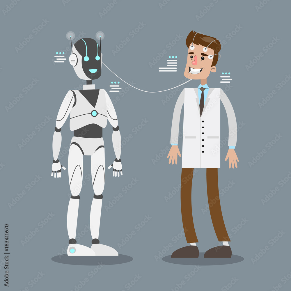 Poster robot connecting with man.