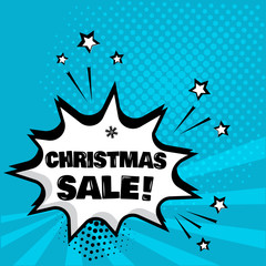 White comic bubble with CHRISTMAS SALE word on blue background. Comic sound effects in pop art style. Vector illustration.