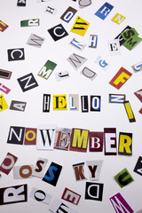 A word writing text showing concept of NOWEMBER HELLOW made of different magazine newspaper letter for Business case on the white background with copy space