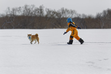 雪野原で柴犬と遊ぶ男の子