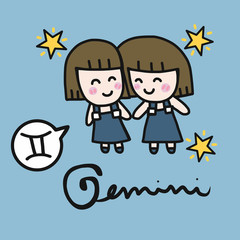 Gemini horoscope cartoon vector illustration doodle style