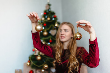 Christmas Woman. Portrait of a girl. Girl smiling. Girl celebrates Christmas