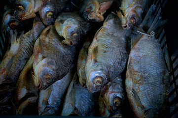 Salty dry river fish on a dark  background