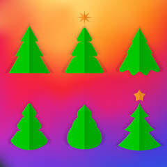Green Christmas Trees of Different Forms Cut From Paper on a Bright Gradient Background. Vector Illustration